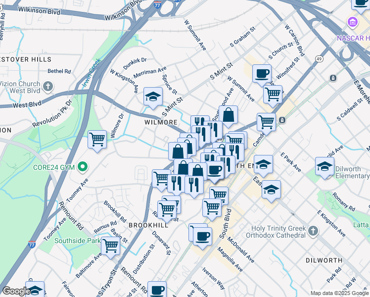 map of restaurants, bars, coffee shops, grocery stores, and more near 308 West Worthington Avenue in Charlotte