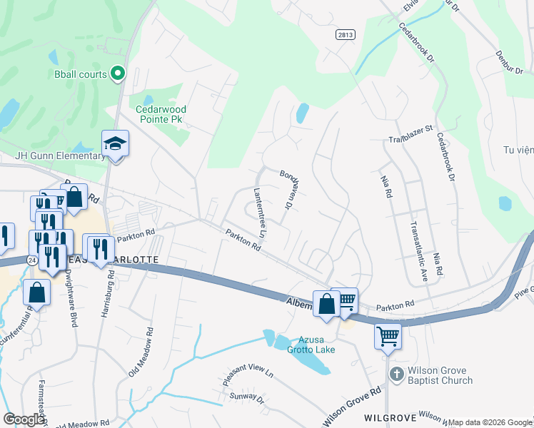 map of restaurants, bars, coffee shops, grocery stores, and more near 7116 Doblinway Drive in Charlotte