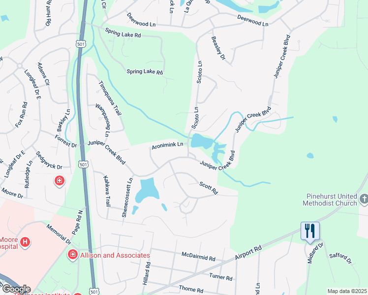 map of restaurants, bars, coffee shops, grocery stores, and more near 24 Aronimink Lane in Pinehurst