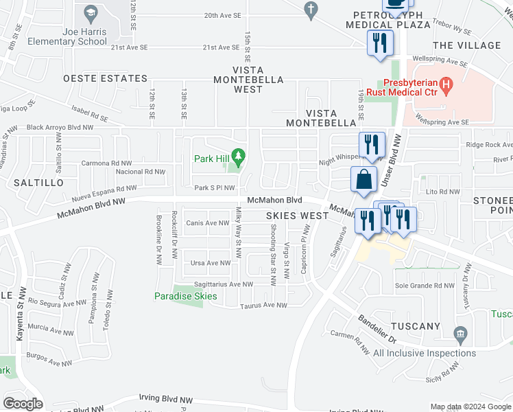 map of restaurants, bars, coffee shops, grocery stores, and more near 5939 Andromeda Avenue Northwest in Albuquerque