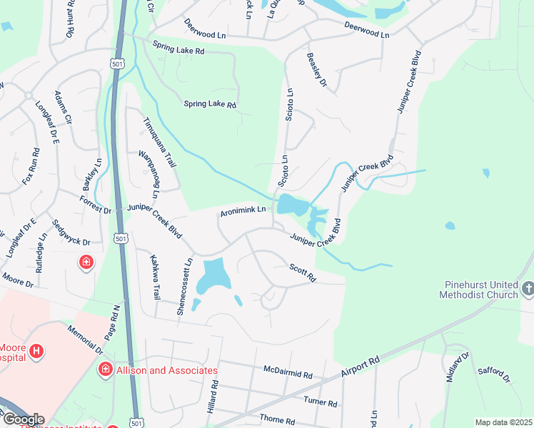 map of restaurants, bars, coffee shops, grocery stores, and more near 24 Aronimink Lane in Pinehurst