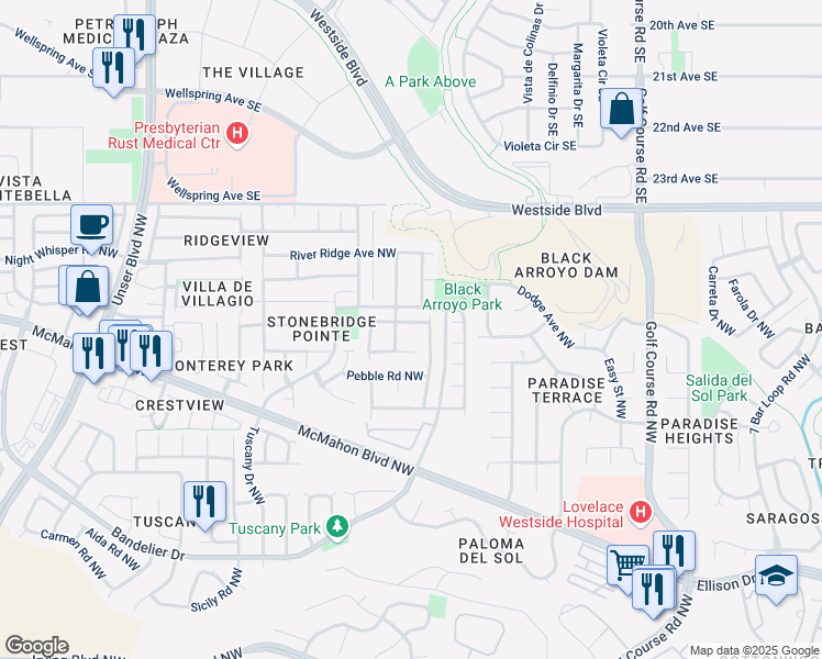 map of restaurants, bars, coffee shops, grocery stores, and more near 5112 Rose Quartz Avenue Northwest in Albuquerque