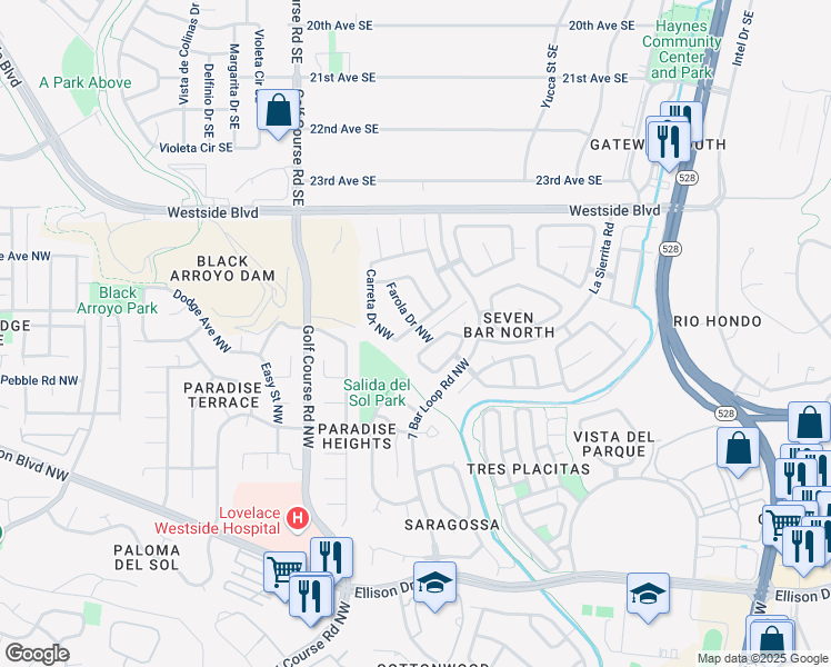 map of restaurants, bars, coffee shops, grocery stores, and more near 4400 Woodrose Road Northwest in Albuquerque