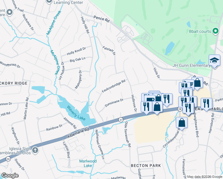 map of restaurants, bars, coffee shops, grocery stores, and more near 5700 Faulconbridge Road in Charlotte