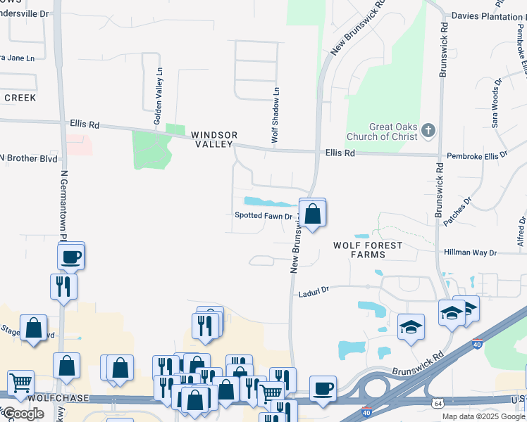 map of restaurants, bars, coffee shops, grocery stores, and more near 8498 Spotted Fawn Drive in Memphis