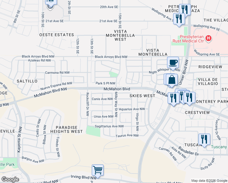 map of restaurants, bars, coffee shops, grocery stores, and more near 6005 Celestial Avenue Northwest in Albuquerque