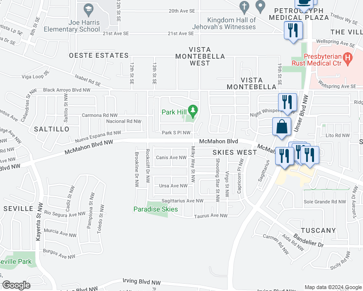 map of restaurants, bars, coffee shops, grocery stores, and more near 6017 Celestial Avenue Northwest in Albuquerque