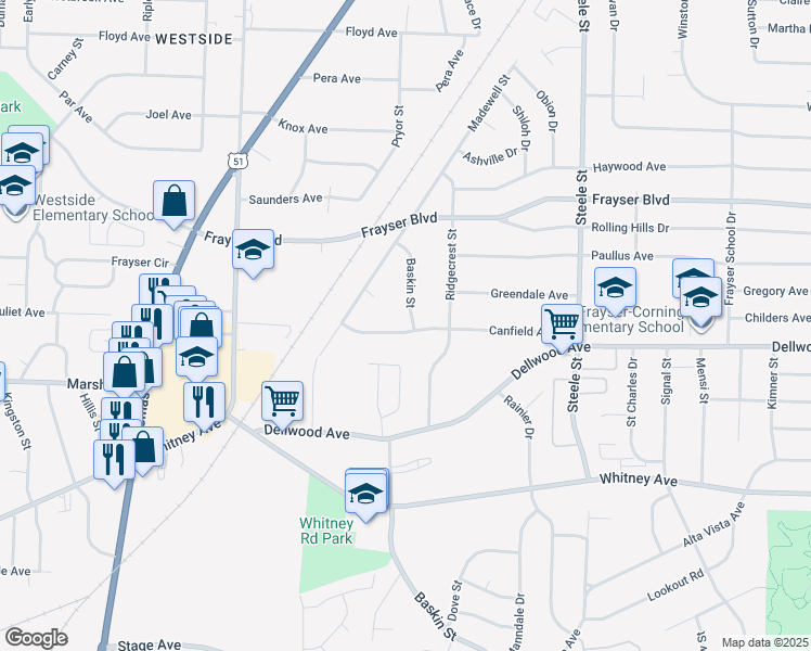 map of restaurants, bars, coffee shops, grocery stores, and more near 1260 Canfield Avenue in Memphis