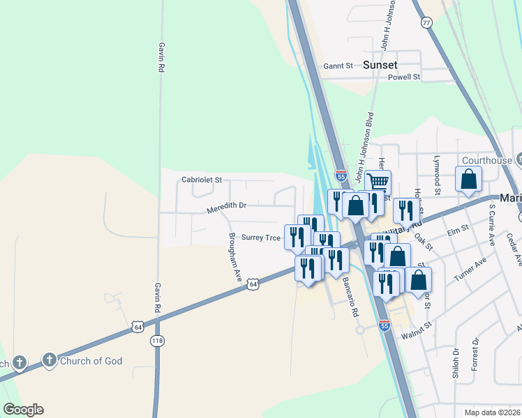map of restaurants, bars, coffee shops, grocery stores, and more near 477 Meredith Drive in Marion