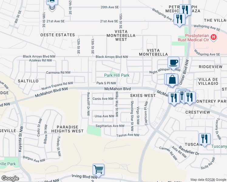 map of restaurants, bars, coffee shops, grocery stores, and more near 6005 Celestial Avenue Northwest in Albuquerque