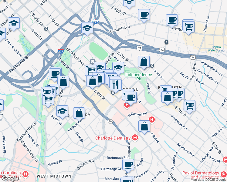 map of restaurants, bars, coffee shops, grocery stores, and more near 1611 Elizabeth Avenue in Charlotte