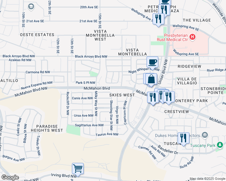 map of restaurants, bars, coffee shops, grocery stores, and more near 5901 Andromeda Avenue Northwest in Albuquerque