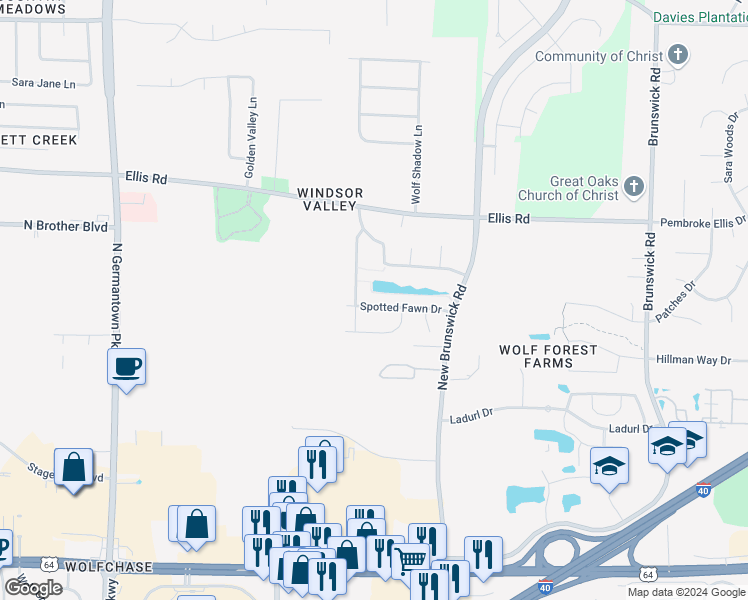 map of restaurants, bars, coffee shops, grocery stores, and more near 8466 Spotted Fawn Drive in Memphis