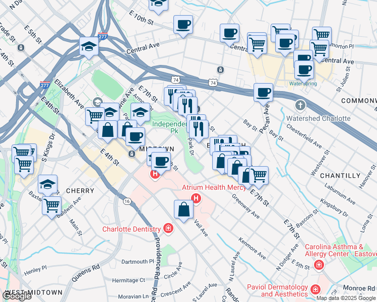 map of restaurants, bars, coffee shops, grocery stores, and more near 2101 Park Drive in Charlotte