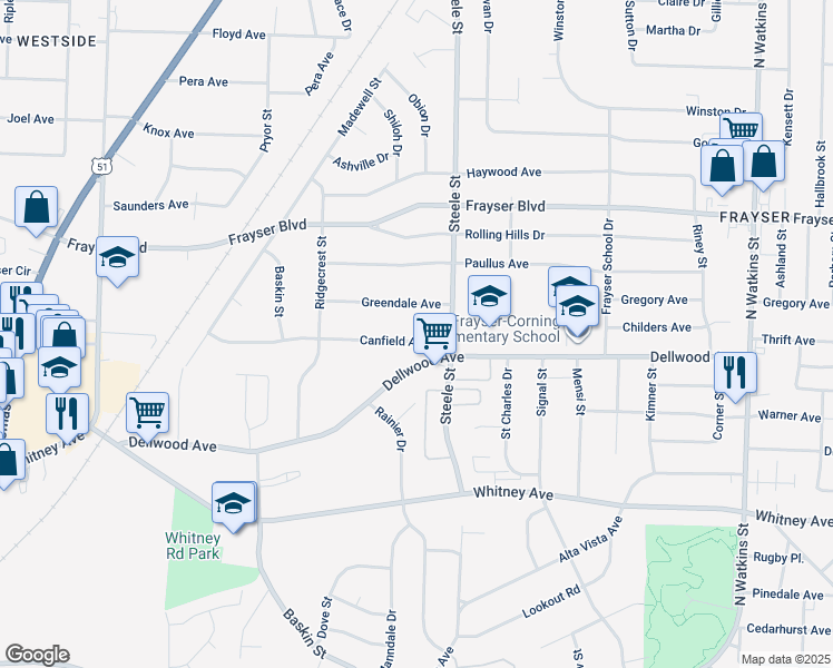 map of restaurants, bars, coffee shops, grocery stores, and more near 1418 Canfield Avenue in Memphis