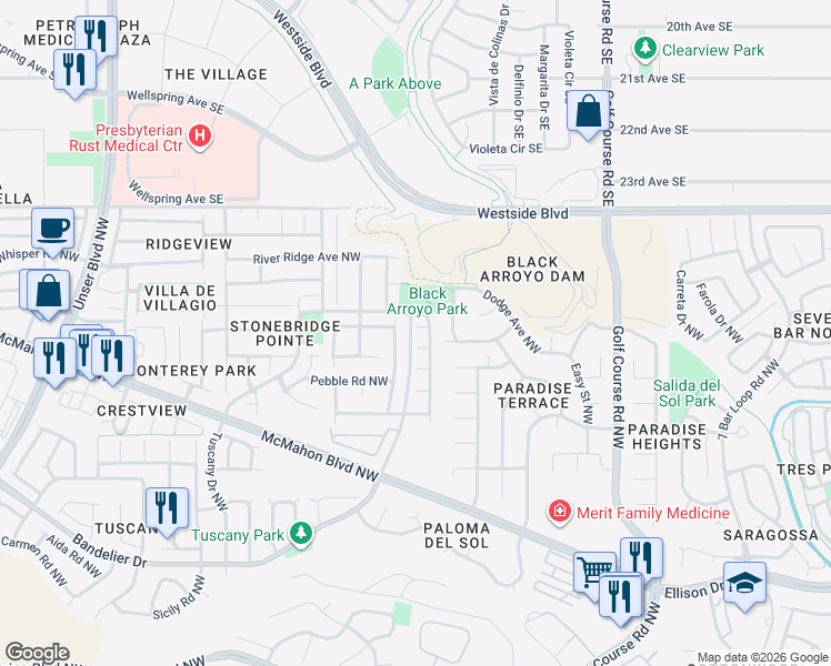 map of restaurants, bars, coffee shops, grocery stores, and more near 5008 Blue Stone Road Northwest in Albuquerque