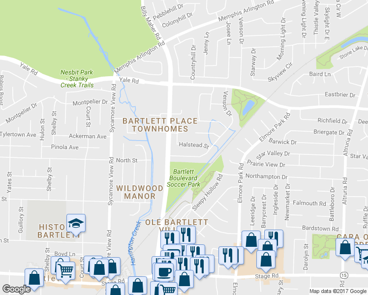 map of restaurants, bars, coffee shops, grocery stores, and more near 6037 Halstead Street in Bartlett