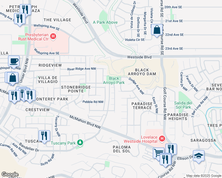 map of restaurants, bars, coffee shops, grocery stores, and more near 5008 Blue Stone Road Northwest in Albuquerque