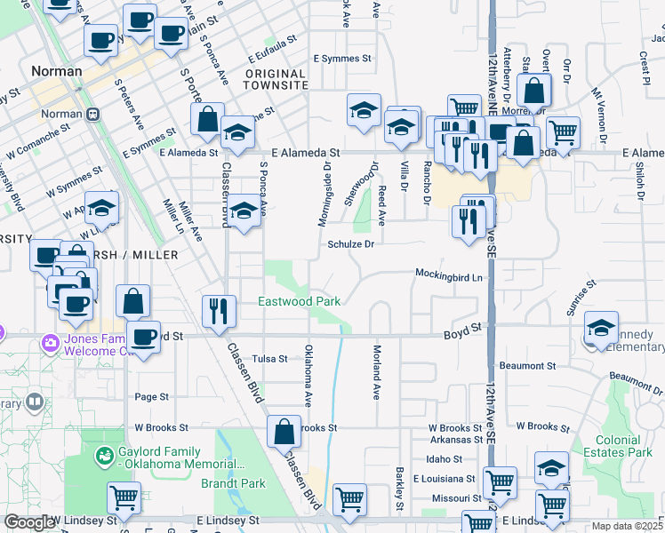 map of restaurants, bars, coffee shops, grocery stores, and more near 710 Long Circle in Norman