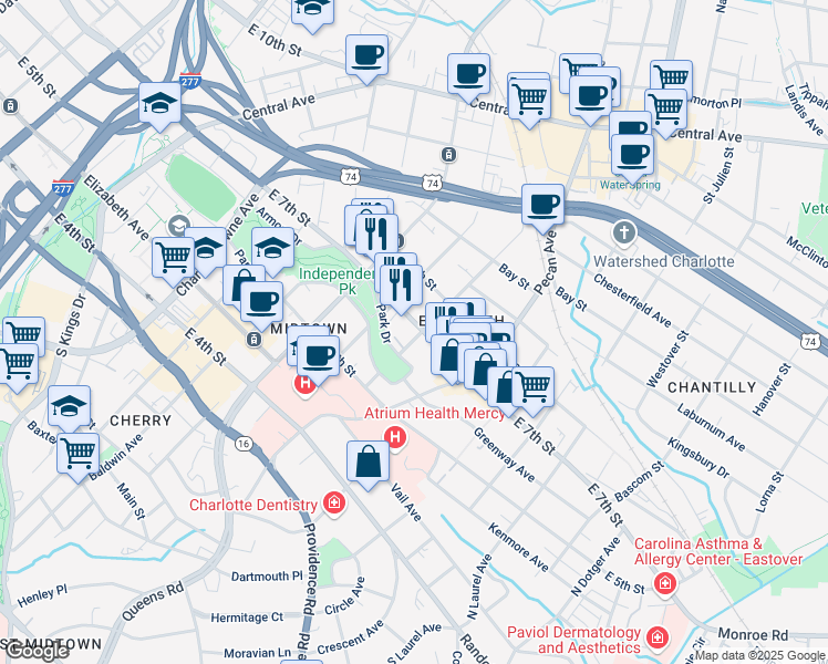 map of restaurants, bars, coffee shops, grocery stores, and more near 1828 East 7th Street in Charlotte