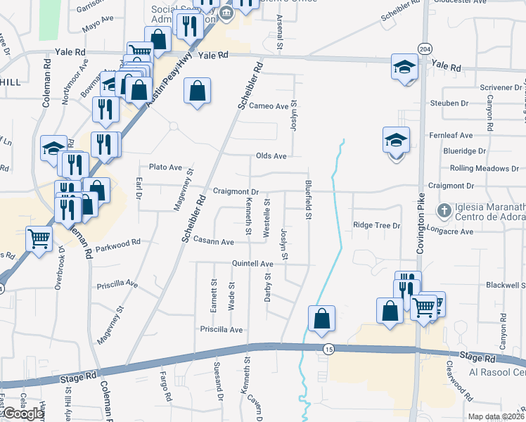 map of restaurants, bars, coffee shops, grocery stores, and more near 3233 Westelle Street in Memphis