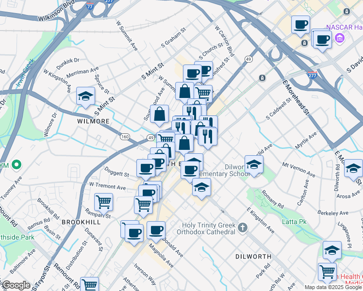 map of restaurants, bars, coffee shops, grocery stores, and more near 1616 Camden Road in Charlotte