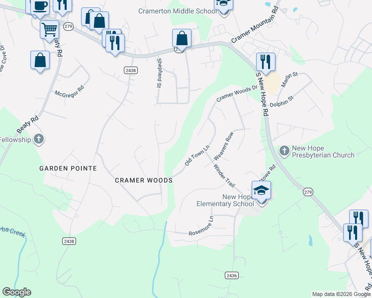 map of restaurants, bars, coffee shops, grocery stores, and more near 5424 Old Town Lane in Gastonia
