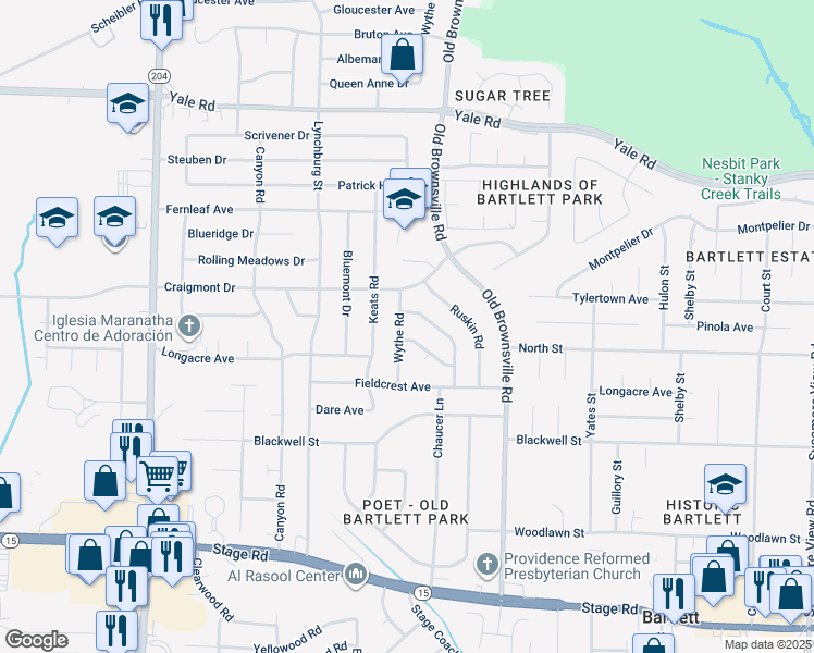 map of restaurants, bars, coffee shops, grocery stores, and more near 3232 Wythe Road in Memphis