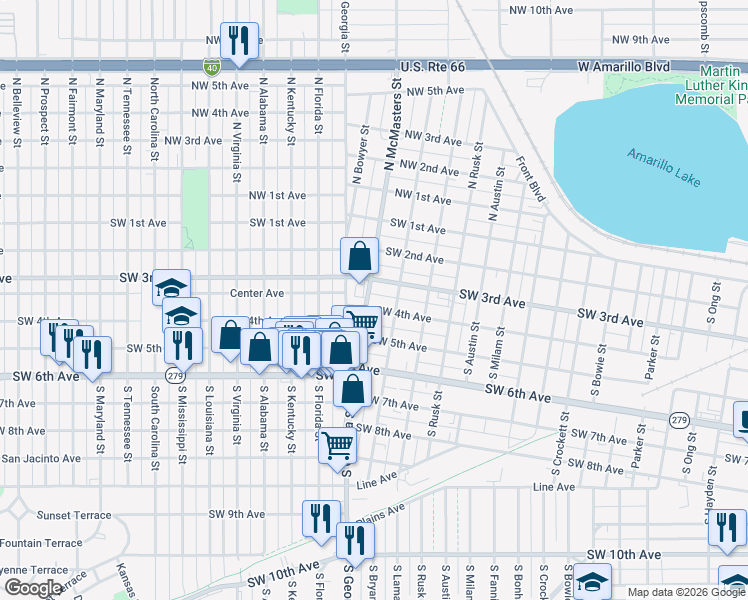 map of restaurants, bars, coffee shops, grocery stores, and more near 2508 Southwest 4th Avenue in Amarillo
