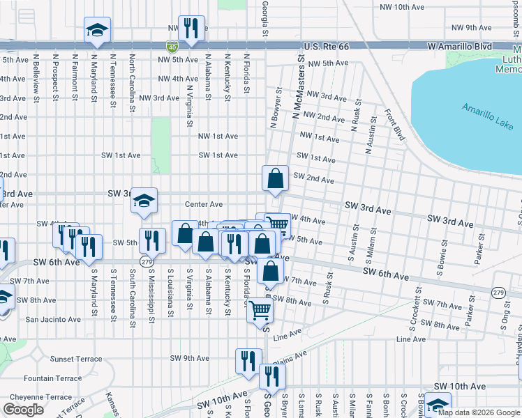 map of restaurants, bars, coffee shops, grocery stores, and more near 308 South Georgia Street in Amarillo