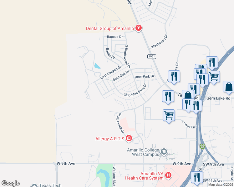 map of restaurants, bars, coffee shops, grocery stores, and more near 6818 Club Meadows Drive in Amarillo