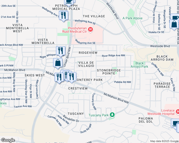 map of restaurants, bars, coffee shops, grocery stores, and more near 10820 Monterey Bay Court Northwest in Albuquerque