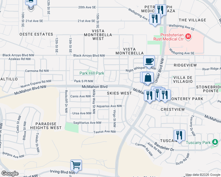 map of restaurants, bars, coffee shops, grocery stores, and more near 5901 Andromeda Avenue Northwest in Albuquerque