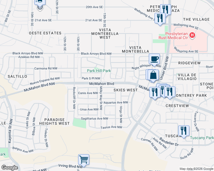 map of restaurants, bars, coffee shops, grocery stores, and more near 5943 Andromeda Avenue Northwest in Albuquerque
