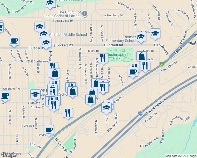 map of restaurants, bars, coffee shops, grocery stores, and more near 2829 North Schevene Boulevard in Flagstaff