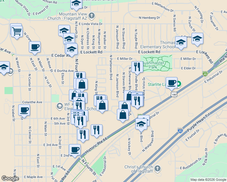 map of restaurants, bars, coffee shops, grocery stores, and more near 2813 North Patterson Boulevard in Flagstaff