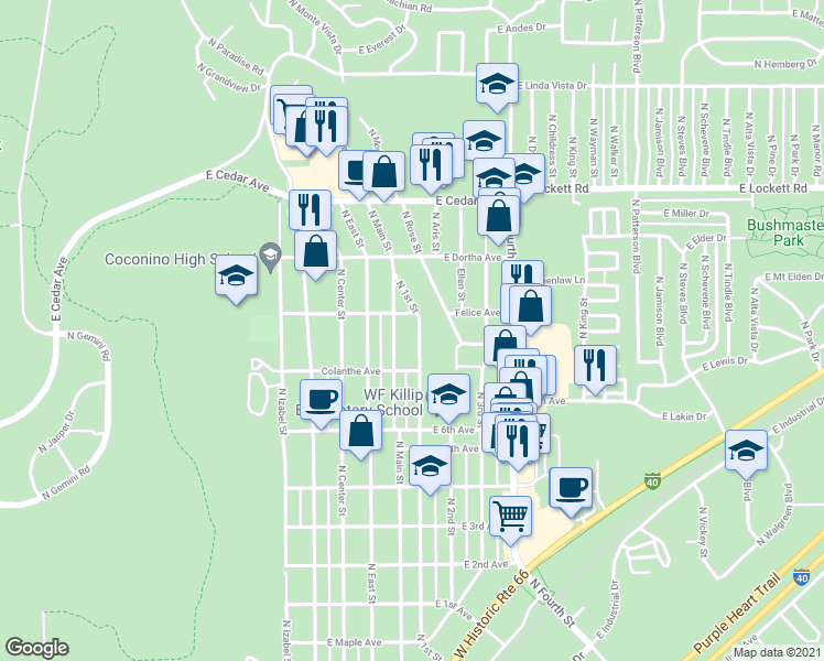 map of restaurants, bars, coffee shops, grocery stores, and more near 2612 North Main Street in Flagstaff