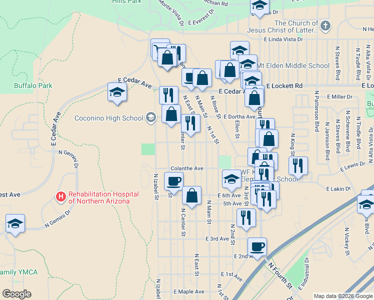 map of restaurants, bars, coffee shops, grocery stores, and more near 2613 North East Street in Flagstaff