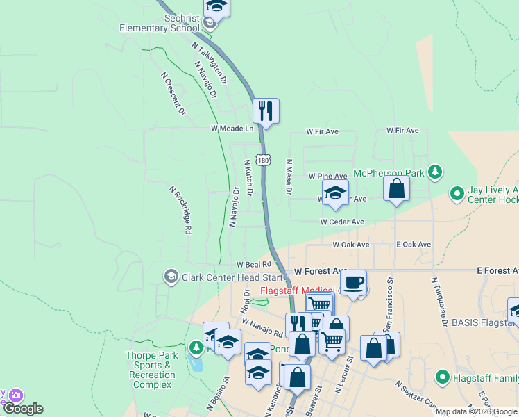 map of restaurants, bars, coffee shops, grocery stores, and more near 1516 North Kutch Drive in Flagstaff