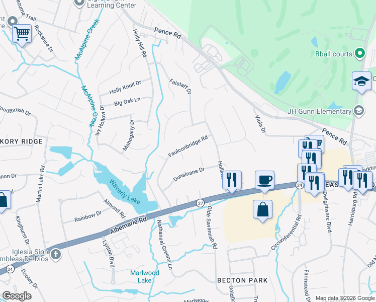 map of restaurants, bars, coffee shops, grocery stores, and more near 5700 Faulconbridge Road in Charlotte