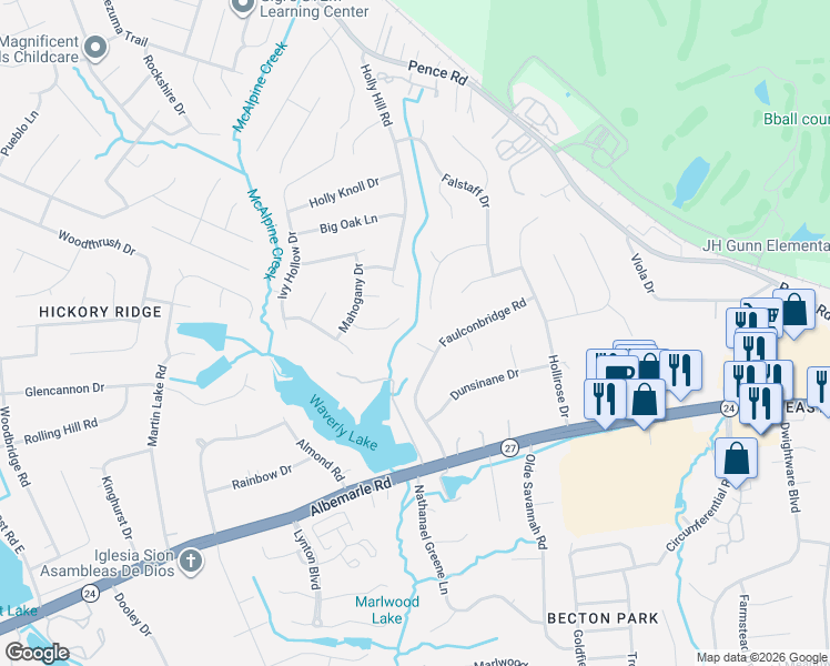 map of restaurants, bars, coffee shops, grocery stores, and more near 5611 Faulconbridge Road in Charlotte