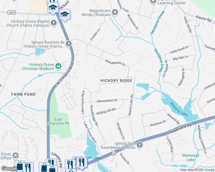 map of restaurants, bars, coffee shops, grocery stores, and more near 6134 Long Pine Drive in Charlotte