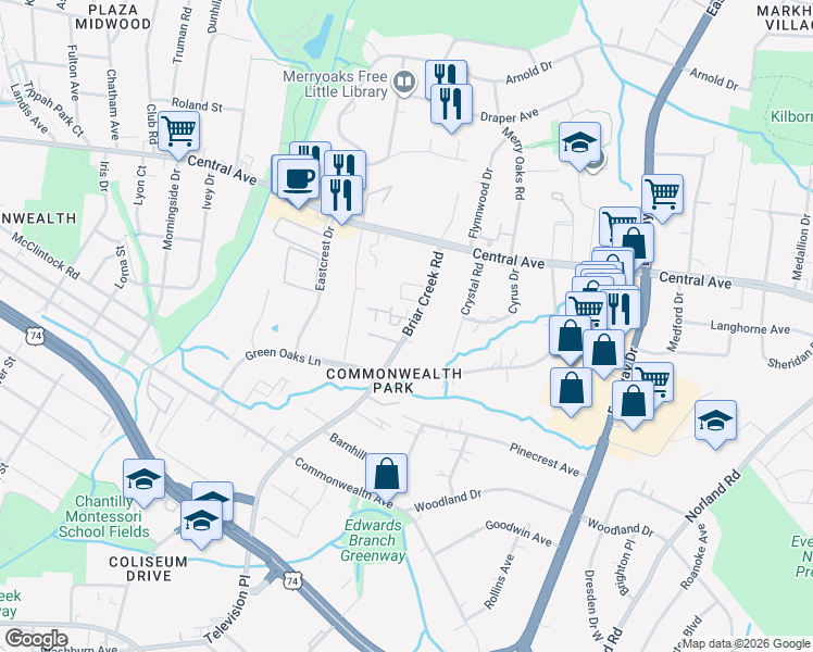 map of restaurants, bars, coffee shops, grocery stores, and more near 1445 Briar Creek Road in Charlotte
