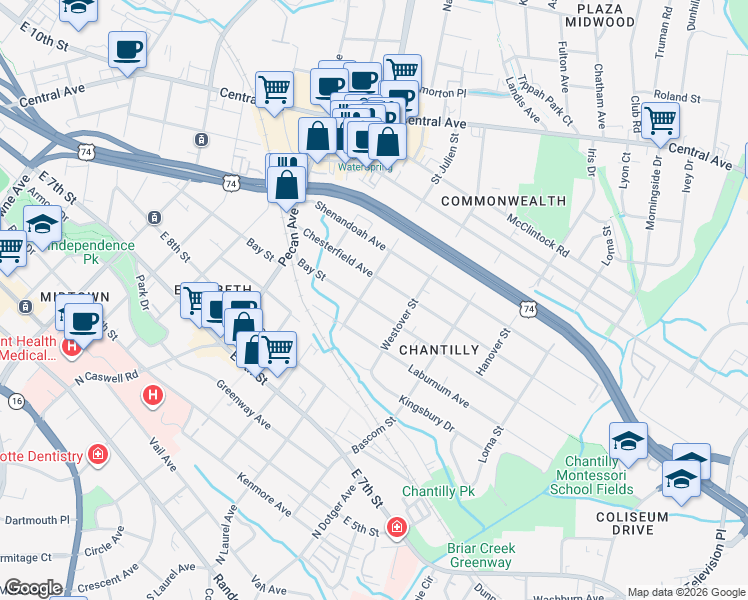 map of restaurants, bars, coffee shops, grocery stores, and more near 2216 Chesterfield Avenue in Charlotte