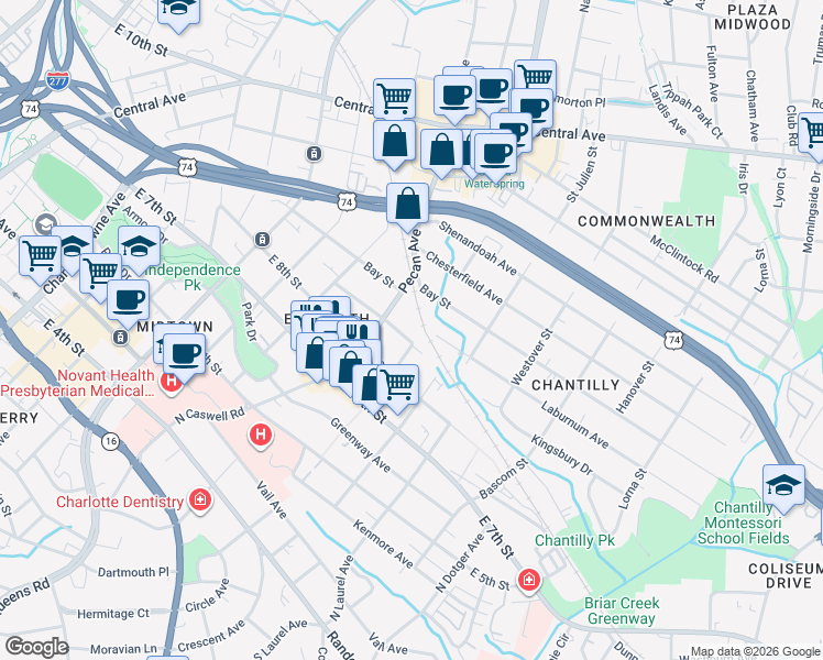map of restaurants, bars, coffee shops, grocery stores, and more near 2017 East 9th Street in Charlotte