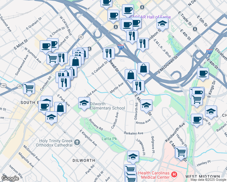 map of restaurants, bars, coffee shops, grocery stores, and more near 1101 Myrtle Avenue in Charlotte
