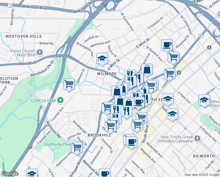 map of restaurants, bars, coffee shops, grocery stores, and more near 1904 Wilmore Walk Drive in Charlotte