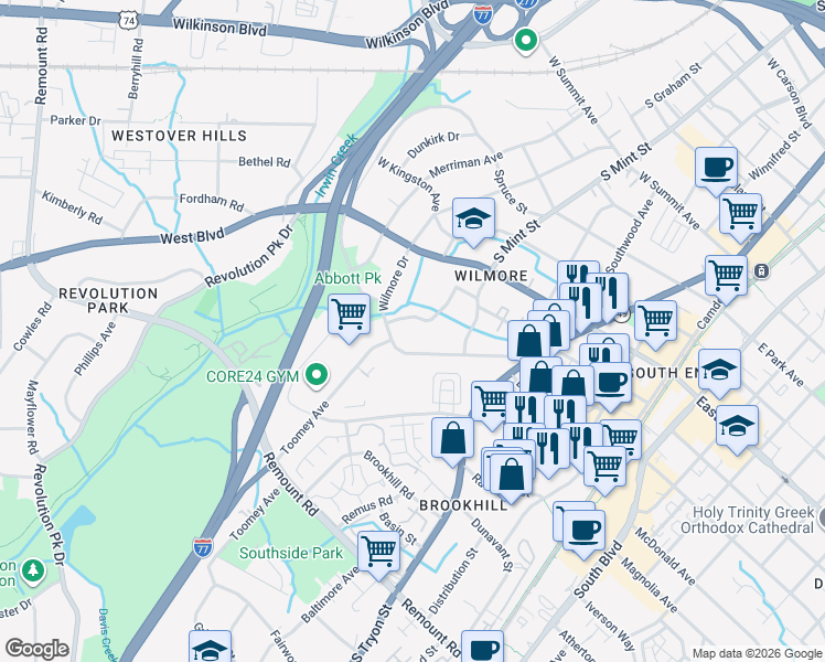 map of restaurants, bars, coffee shops, grocery stores, and more near in Charlotte