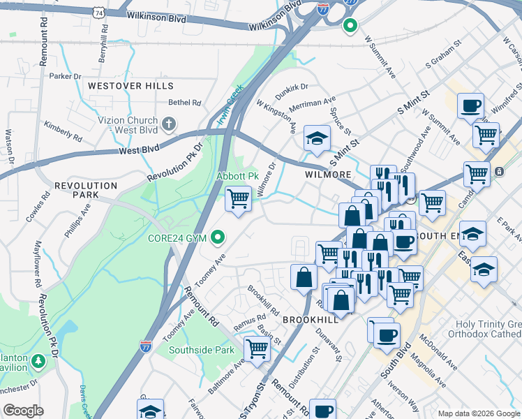 map of restaurants, bars, coffee shops, grocery stores, and more near in Charlotte