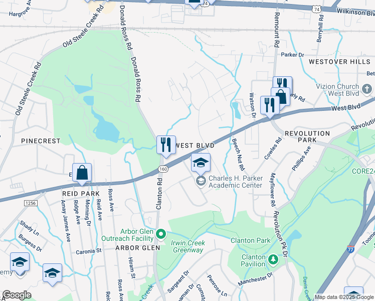 map of restaurants, bars, coffee shops, grocery stores, and more near 1918 West Boulevard in Charlotte